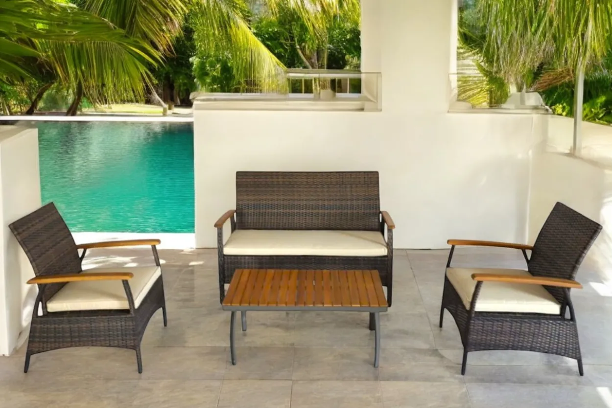 7tlg. Gartenmöbelset aus Rattan - Khaki