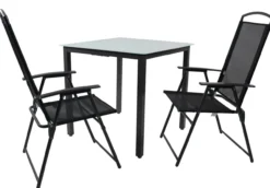 3-tlg Gartenmöbel Sitzgruppe Gartenmöbel Glas Tisch Stühle Hochlehner Set 80 Mattglas