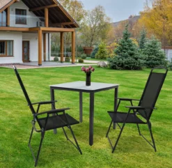 3-tlg Gartenmöbel Sitzgruppe Gartenmöbel Glas Tisch Stühle Hochlehner Set 80 Mattglas