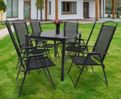 7-tlg Gartenmöbel Sitzgruppe Gartenmöbel Glas Tisch Stühle Hochlehner Set 140 Schwarzglas