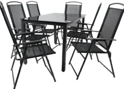 7-tlg Gartenmöbel Sitzgruppe Gartenmöbel Glas Tisch Stühle Hochlehner Set 140 Schwarzglas
