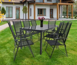 9-tlg Gartenmöbel Sitzgruppe Gartenmöbel Glas Tisch Stühle Hochlehner Set 190 Schwarzglas