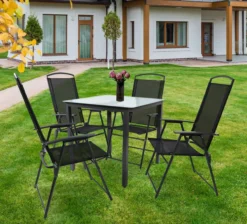 5-tlg Gartenmöbel Sitzgruppe Gartenmöbel Glas Tisch Stühle Hochlehner Set 80 Mattglas