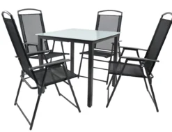5-tlg Gartenmöbel Sitzgruppe Gartenmöbel Glas Tisch Stühle Hochlehner Set 80 Mattglas