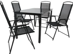 5-tlg Gartenmöbel Sitzgruppe Gartenmöbel Glas Tisch Stühle Hochlehner Set 140 Schwarzglas