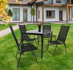 5-tlg Gartenmöbel Sitzgruppe Gartenmöbel Glas Tisch Stühle Hochlehner Set 140 Schwarzglas