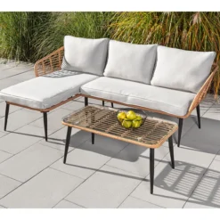 8tlg. helles Rattan Eck-Loungeset mit Sitzkissen in beige