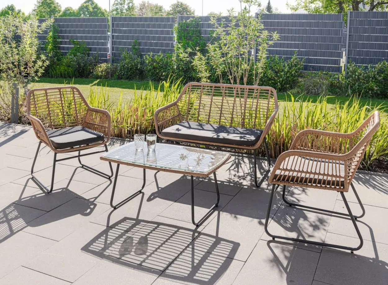 7tlg. helles Rattan Lounge-Set mit Sitzkissen - Grau