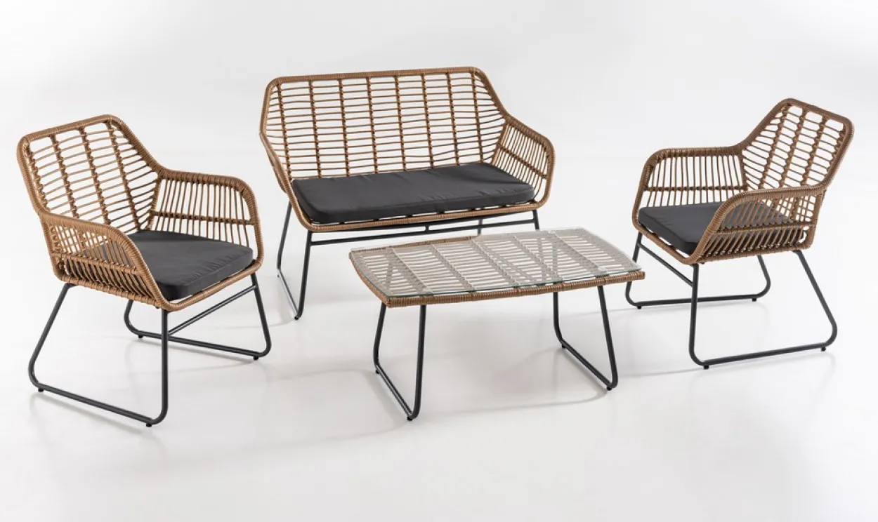 7tlg. helles Rattan Lounge-Set mit Sitzkissen - Grau