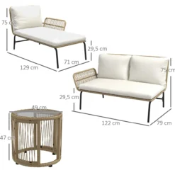 3-tlg. Rattan Gartenmöbel-Set, Gartenset mit Liegestuhl, Couchtisch, Zweisitzer