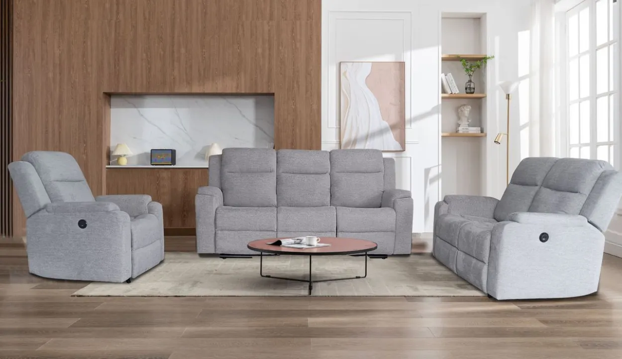 3tlg. Relaxsofa-Set aus Chenille - Hellgrau
