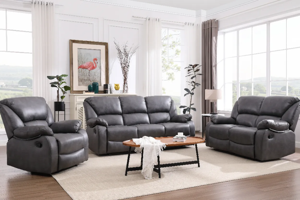 3tlg. Relaxsofa-Set mit Relaxfunktionen in Lederoptik - Grau