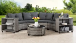15tlg. runde Garten-Sofagarnitur Loungeset mit 2 Seitenablagen - Grau