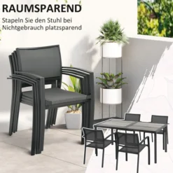 5 tlg. Sitzgruppe Gartenmöbel-Set, Gartengarnitur mit 1 Esstisch, 4 Stühlen Grau