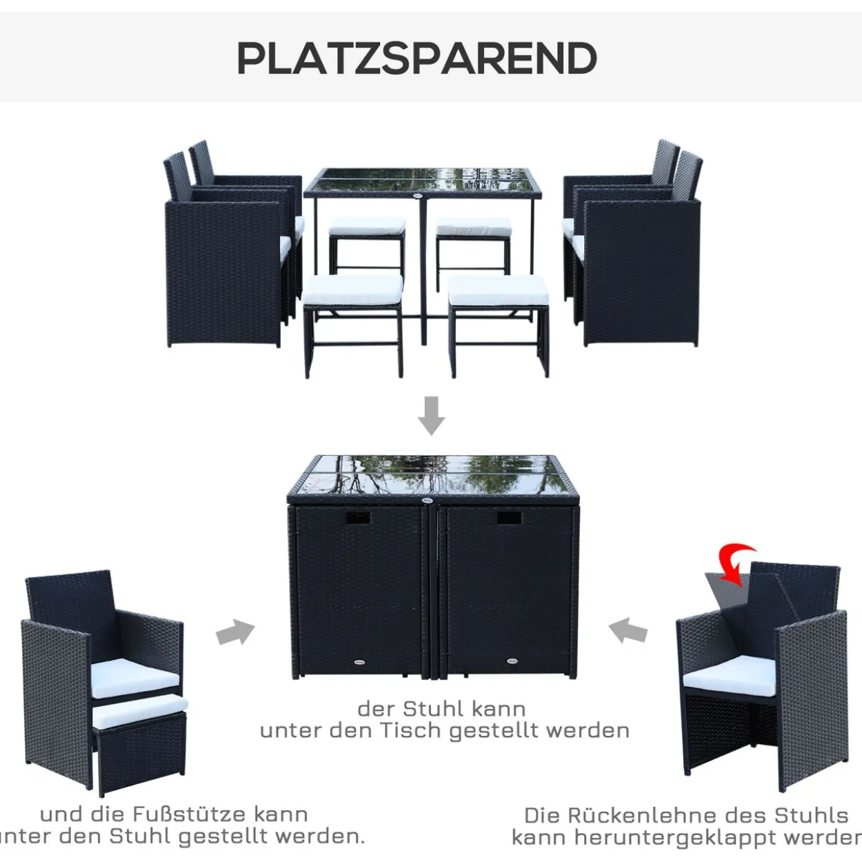 9 tlg. Sitzgruppe Polyrattan Gartenset Sitzgarnitur Schwarz