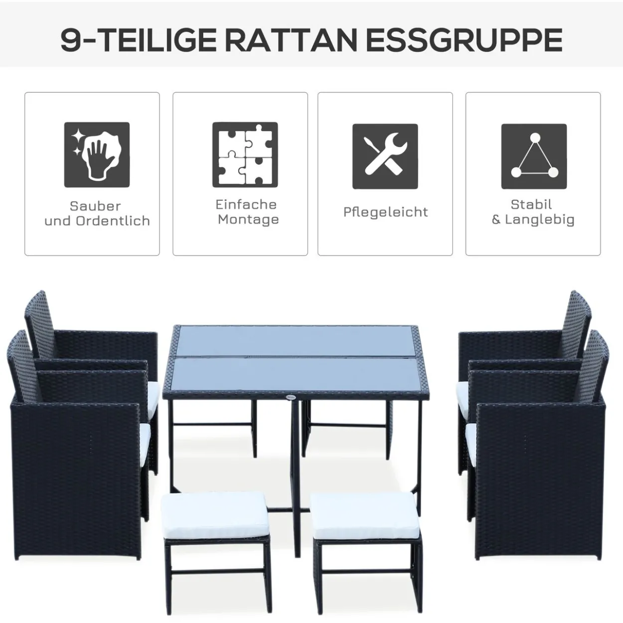 9 tlg. Sitzgruppe Polyrattan Gartenset Sitzgarnitur Schwarz