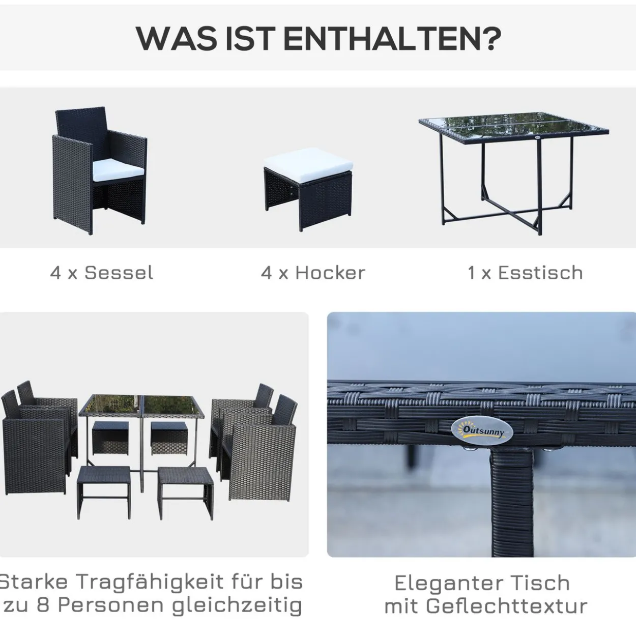 9 tlg. Sitzgruppe Polyrattan Gartenset Sitzgarnitur Schwarz