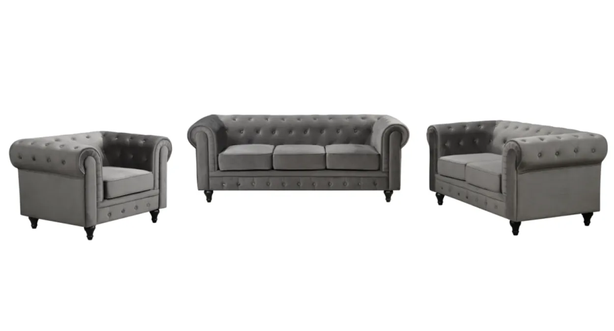 3tlg. Sofa-Set gepolstert aus Samtstoff - Grau