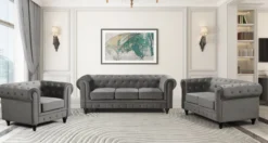 3tlg. Sofa-Set gepolstert aus Samtstoff - Grau