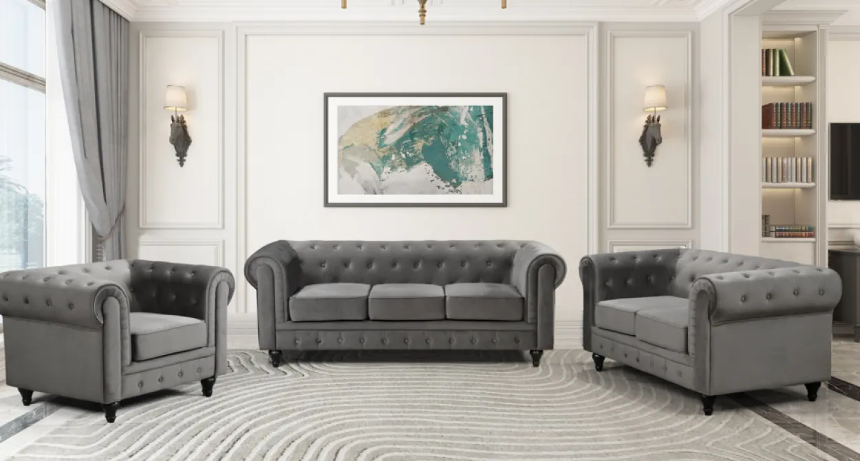 3tlg. Sofa-Set gepolstert aus Samtstoff - Grau