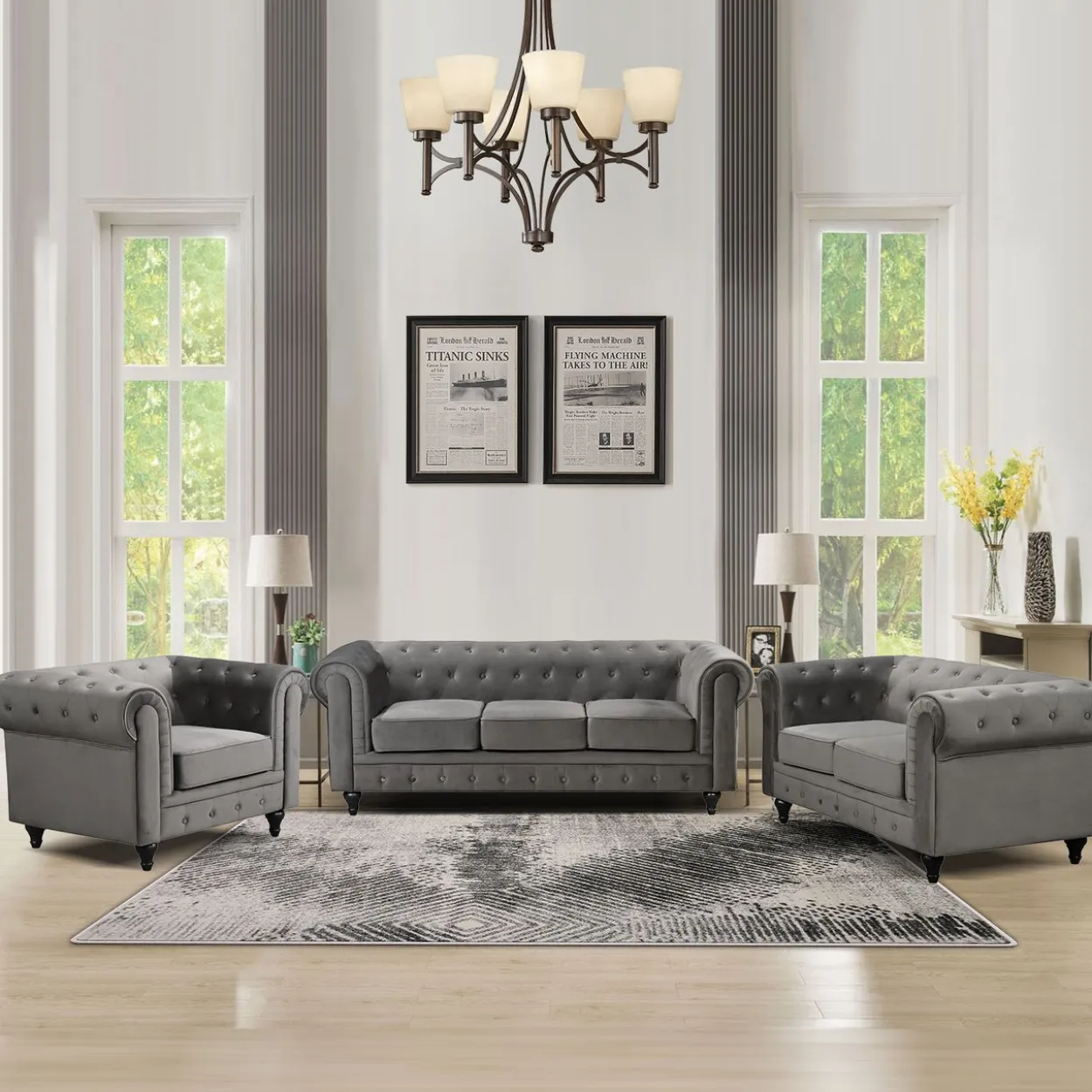 3tlg. Sofa-Set gepolstert aus Samtstoff - Grau