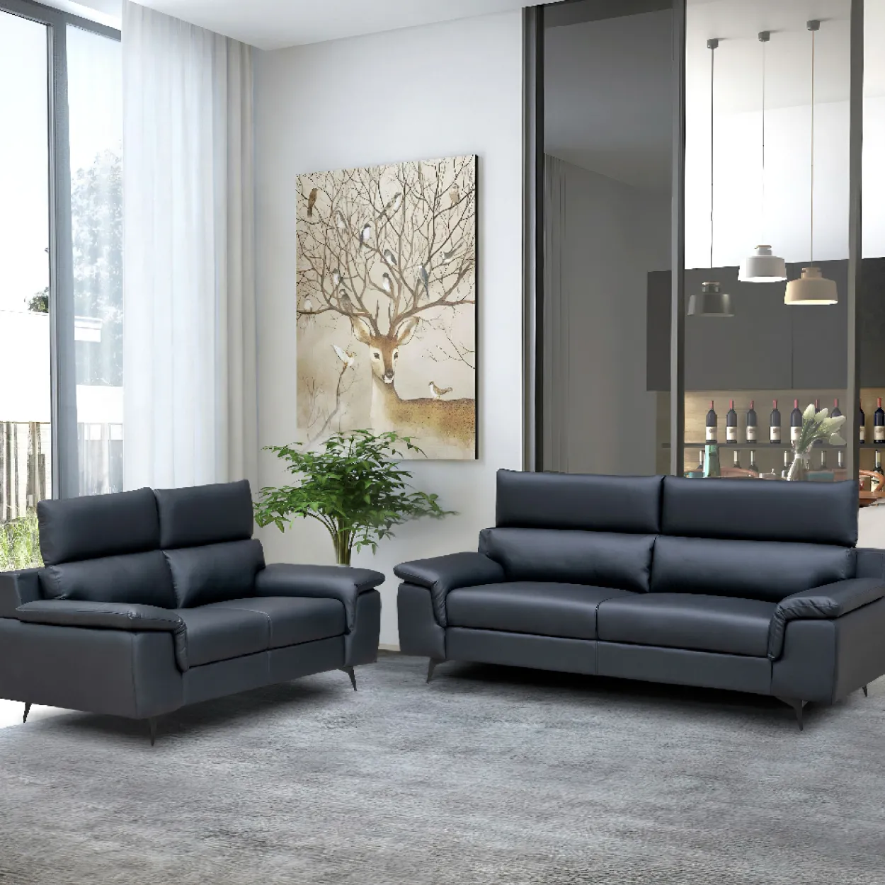 2tlg. Sofa-Set - Lederoptik in Schwarz