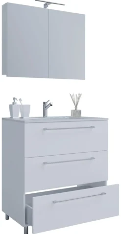3-tlg. Stand-Waschplatz "Badinos 3 Schubfächer" 60 cm | Mit Spiegelschrank Weiß