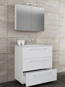 3-tlg. Stand-Waschplatz "Badinos 3 Schubfächer" 60 cm | Mit Spiegelschrank Weiß