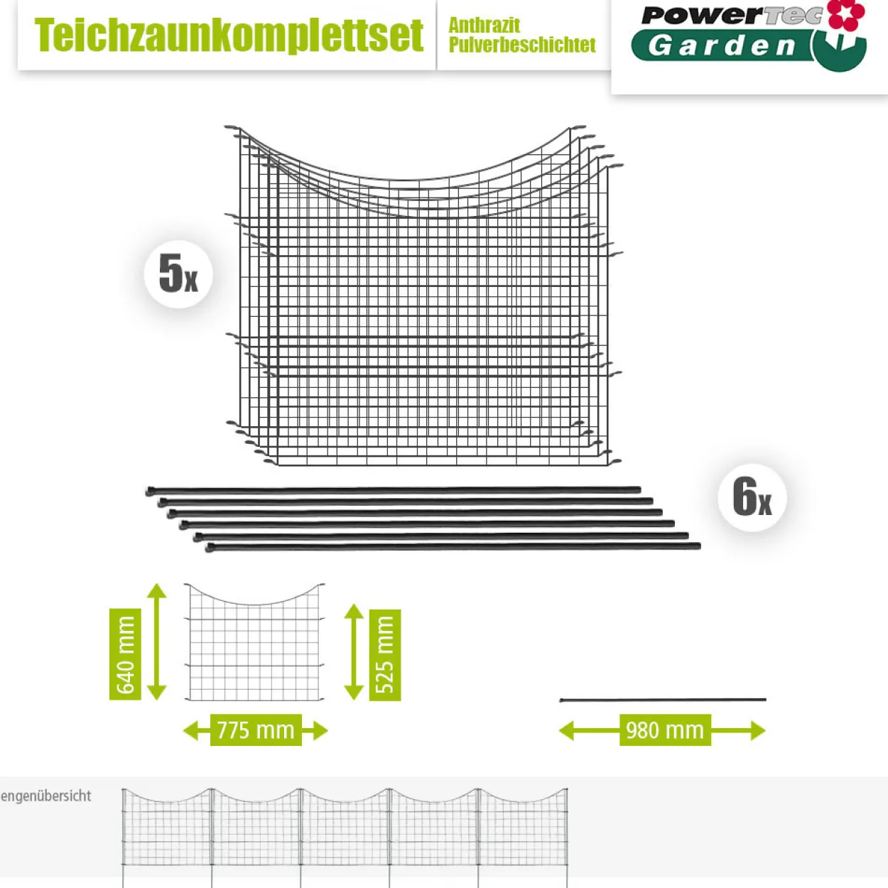 11tlg. Teichzaun Unterbogen, ca. 390 x 52,5 cm - Anthrazit