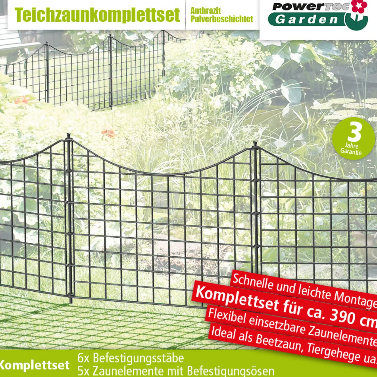 11tlg. Teichzaun Unterbogen, ca. 390 x 52,5 cm - Anthrazit