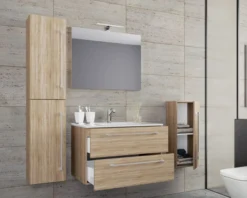 5-tlg. Waschplatz "Badinos 2 Schubfächer" 80 cm | Mit Spiegel und Midi- / Hochschrank Sonoma-Eiche