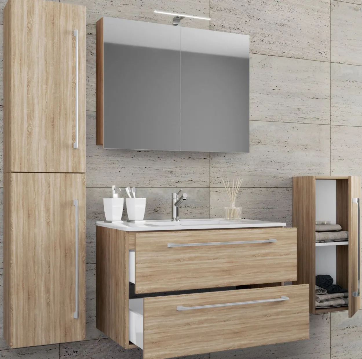 5-tlg. Waschplatz "Badinos 2 Schubfächer" Mit Spiegelschrank und Midi- / Hochschrank Sonoma-Eiche