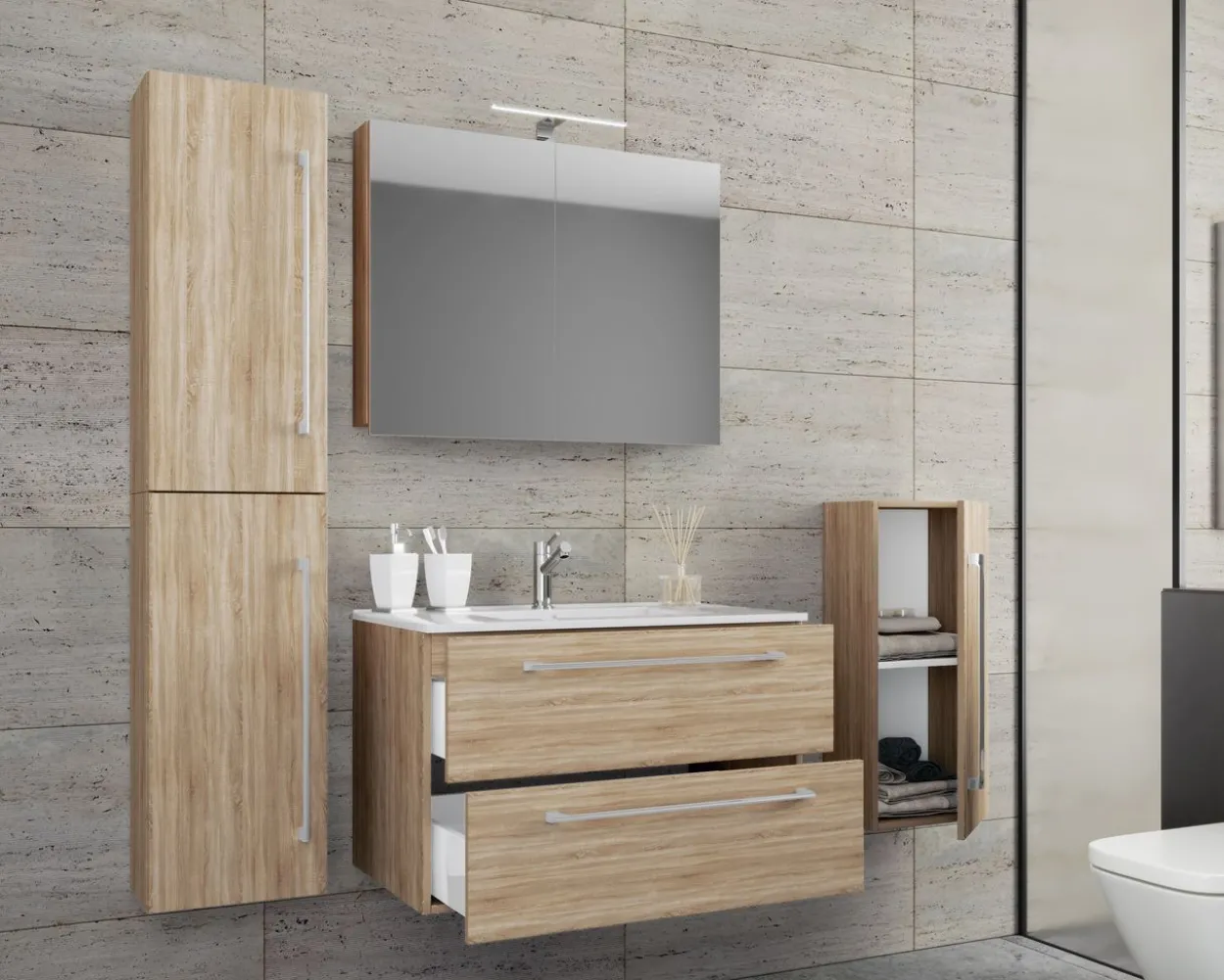 5-tlg. Waschplatz "Badinos 2 Schubfächer" Mit Spiegelschrank und Midi- / Hochschrank Sonoma-Eiche