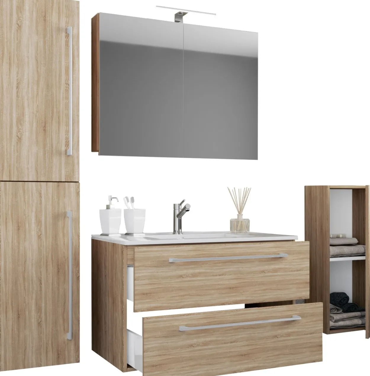 5-tlg. Waschplatz "Badinos 2 Schubfächer" Mit Spiegelschrank und Midi- / Hochschrank Sonoma-Eiche