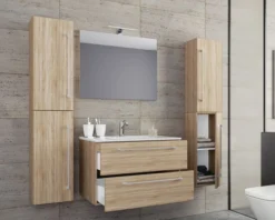 5-tlg. Waschplatz "Badinos 2 Schubfächer" 80 cm | Mit Spiegel + Hochschränke Sonoma-Eiche