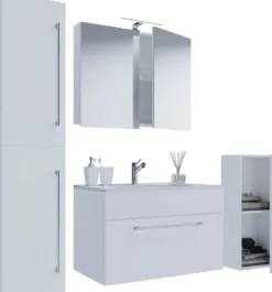 5-tlg. Waschplatz "Badinos 1 Schubfach" 80 cm | Mit Spiegelschrank + Midi-/Hochschrank Weiß