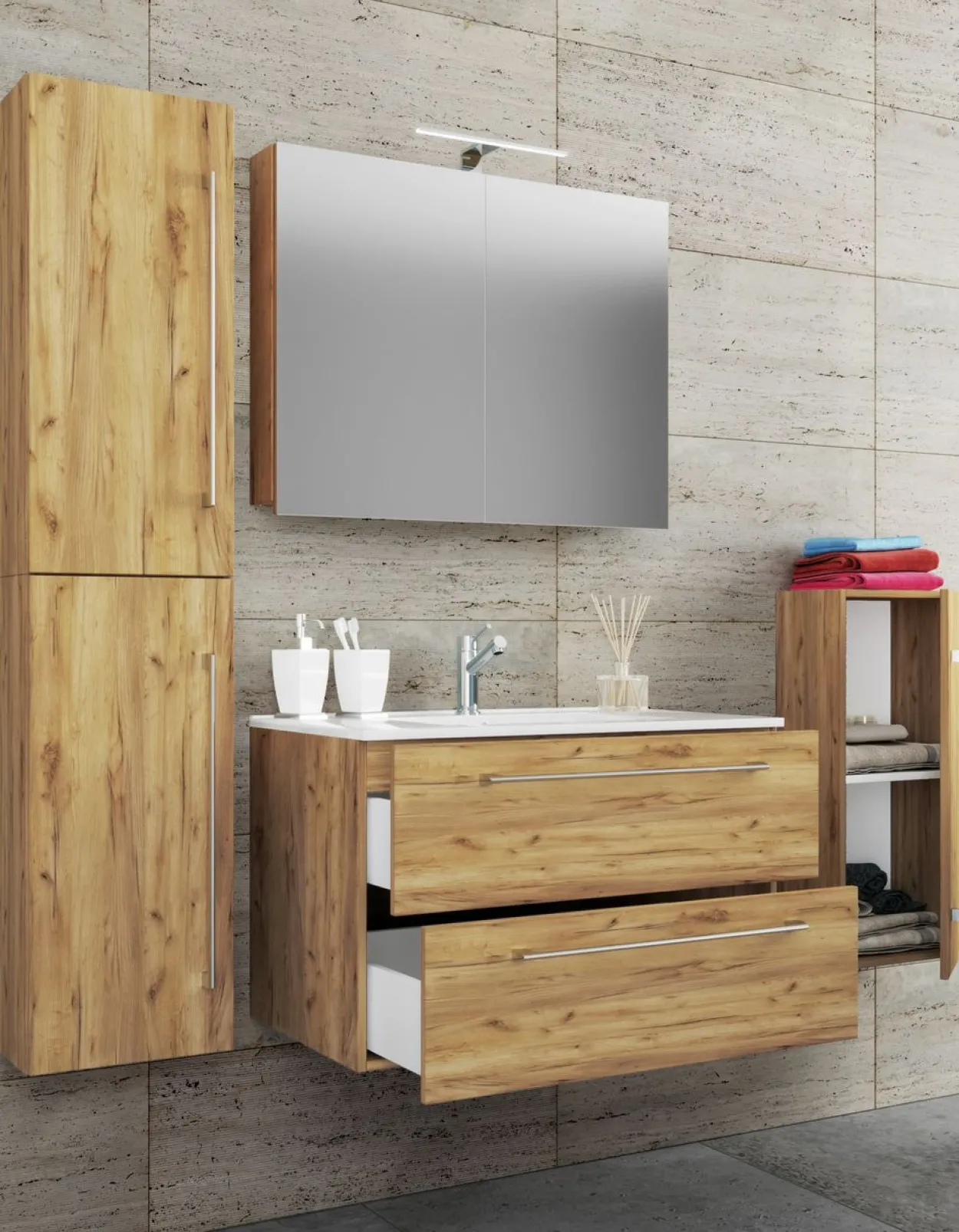 5-tlg. Waschplatz "Badinos 2 Schubfächer" Mit Spiegelschrank und Midi- / Hochschrank Honig-Eiche