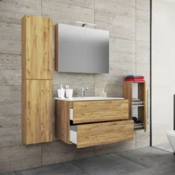 5-tlg. Waschplatz "Badinos 2 Schubfächer" Mit Spiegelschrank und Midi- / Hochschrank Honig-Eiche