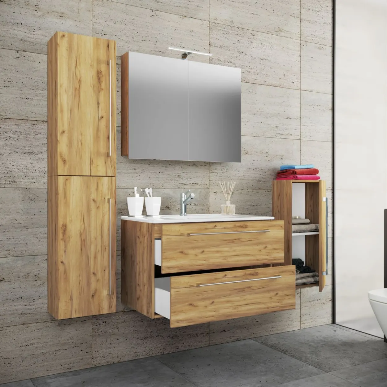 5-tlg. Waschplatz "Badinos 2 Schubfächer" Mit Spiegelschrank und Midi- / Hochschrank Honig-Eiche