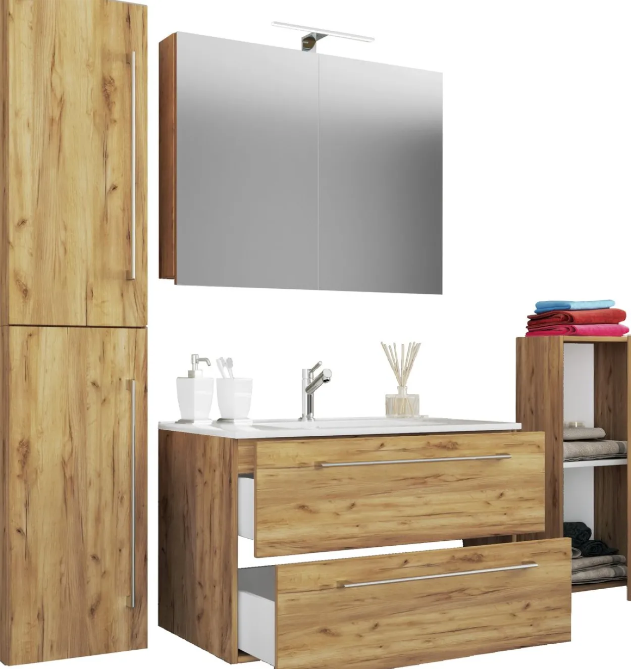 5-tlg. Waschplatz "Badinos 2 Schubfächer" Mit Spiegelschrank und Midi- / Hochschrank Honig-Eiche