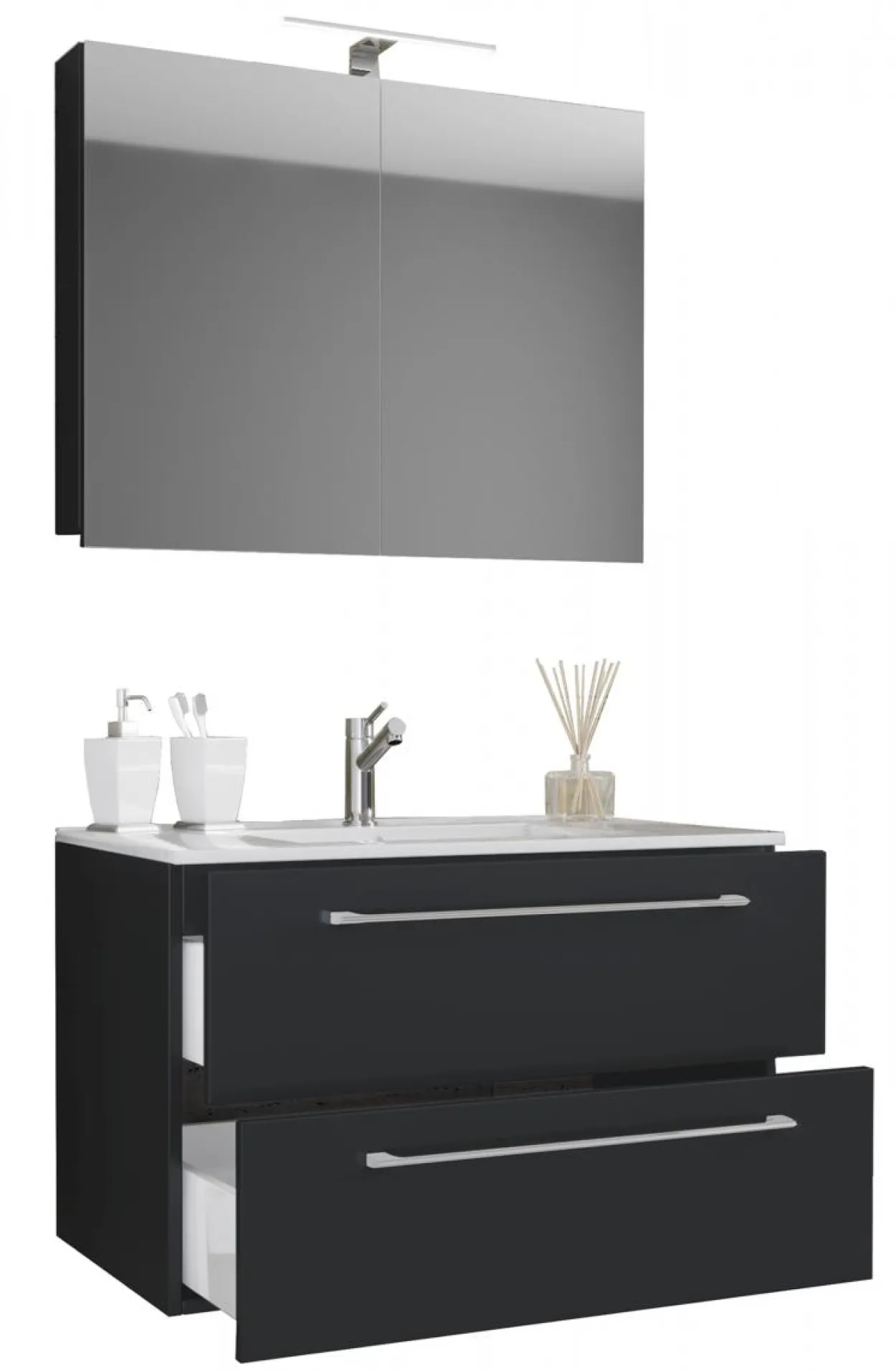 3-tlg. Waschplatz 80cm 2 Schubfächer | Mit Spiegelschrank Schwarz