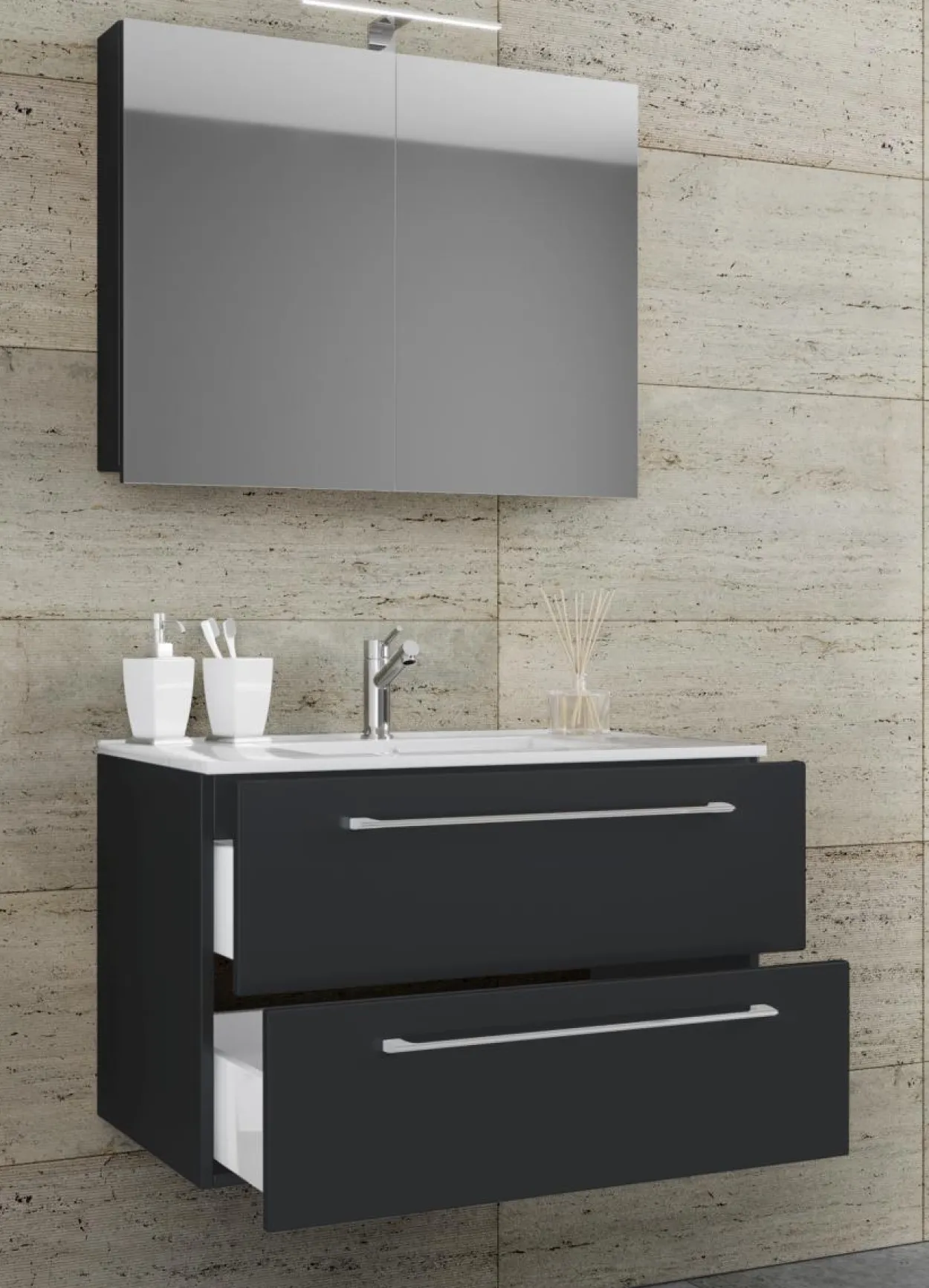 3-tlg. Waschplatz 80cm 2 Schubfächer | Mit Spiegelschrank Schwarz