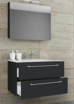 3-tlg. Waschplatz 60cm 2 Schubfächer | Mit Spiegelschrank Schwarz