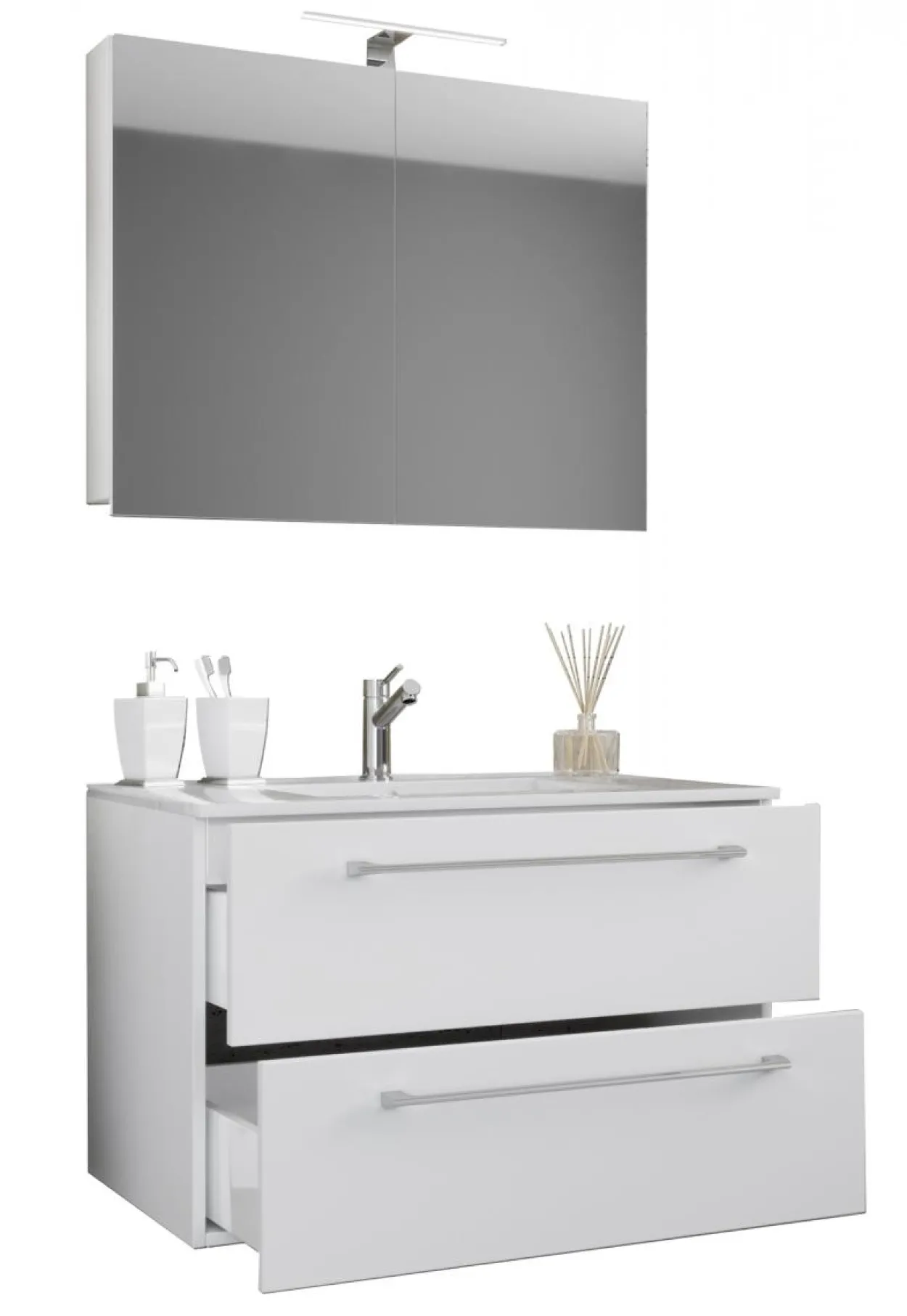 3-tlg. Waschplatz 60cm 2 Schubfächer | Mit Spiegelschrank Weiß