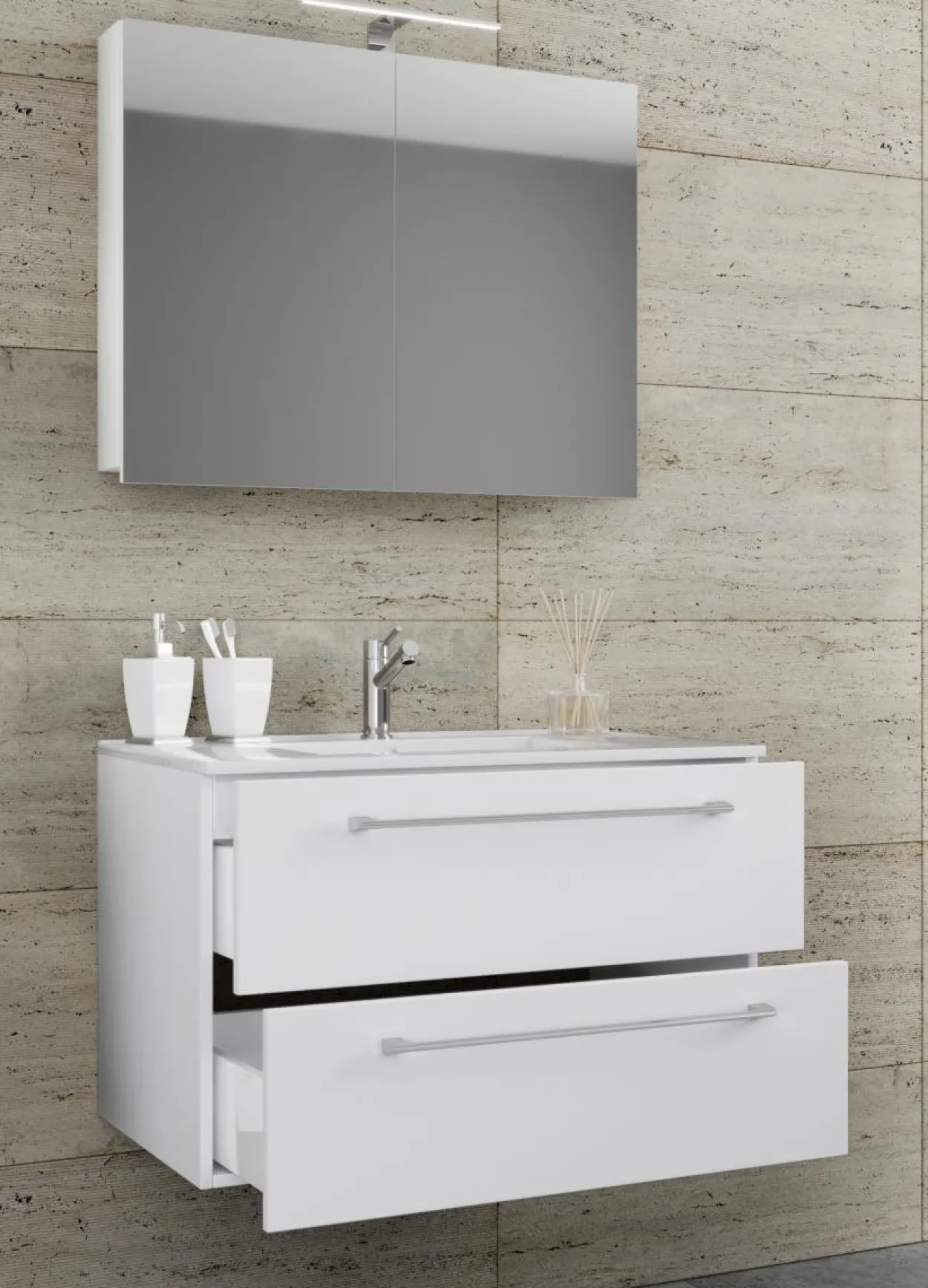 3-tlg. Waschplatz 60cm 2 Schubfächer | Mit Spiegelschrank Weiß