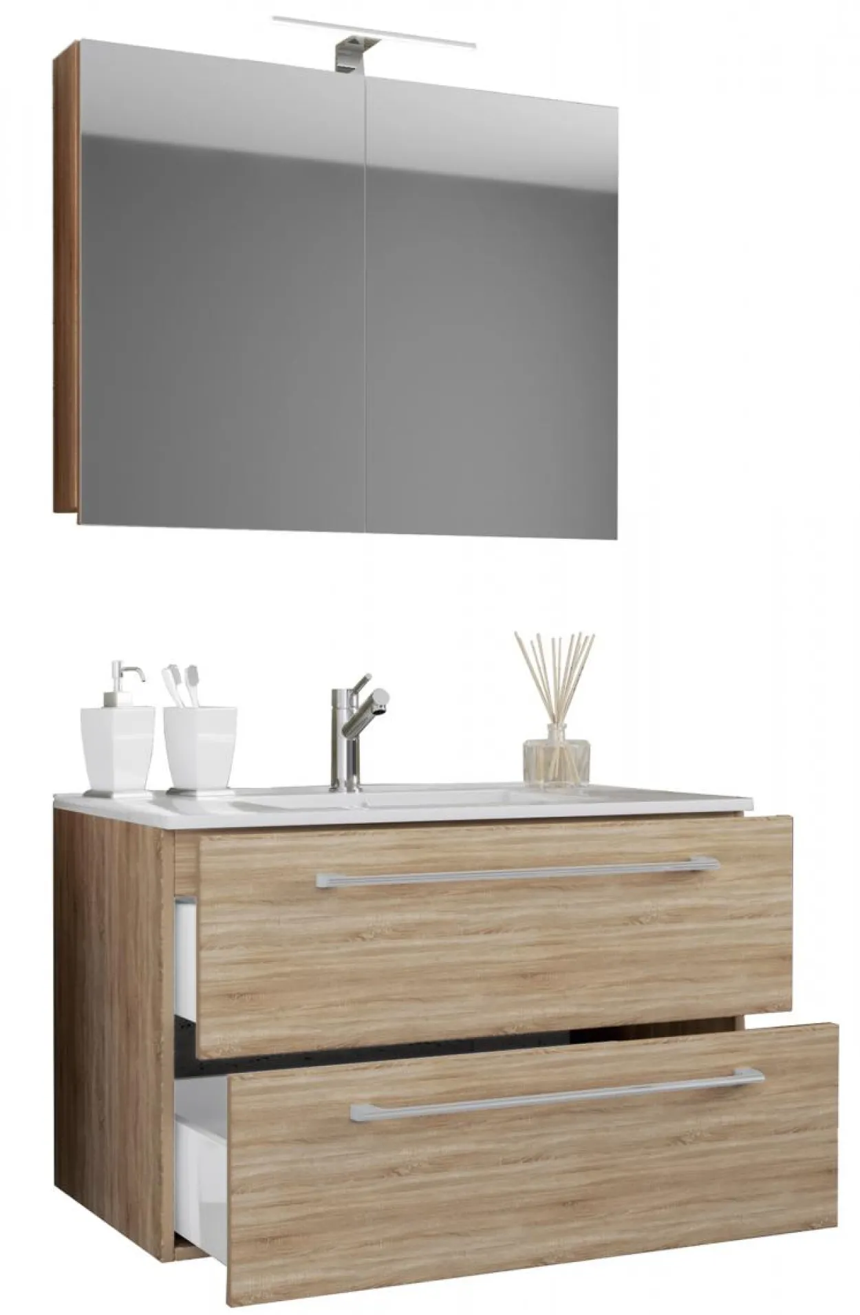 3-tlg. Waschplatz 80cm 2 Schubfächer | Mit Spiegelschrank Sonoma-Eiche