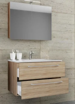 3-tlg. Waschplatz 80cm 2 Schubfächer | Mit Spiegelschrank Sonoma-Eiche