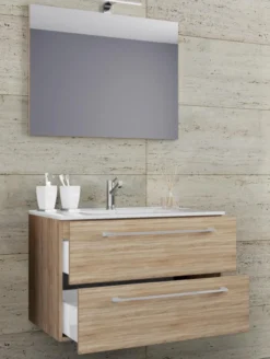3-tlg. Waschplatz 80cm 2 Schubfächer | Mit Spiegel Sonoma-Eiche