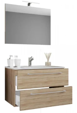 3-tlg. Waschplatz 80cm 2 Schubfächer | Mit Spiegel Sonoma-Eiche
