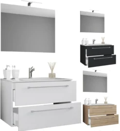 3-tlg. Waschplatz 80cm 2 Schubfächer | Mit Spiegel Sonoma-Eiche